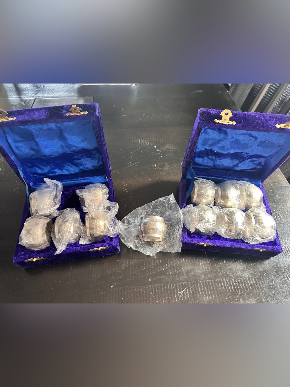 Set of 12 Silver Toned Hammered Napkin Ring Set in Velour Cases